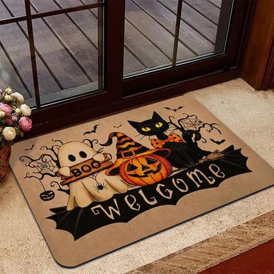 Retro BOO Ghost Welcome Door Mat Cartoon Non-Slip Halloween Rug Front Door Entryway Fall Home Decor
