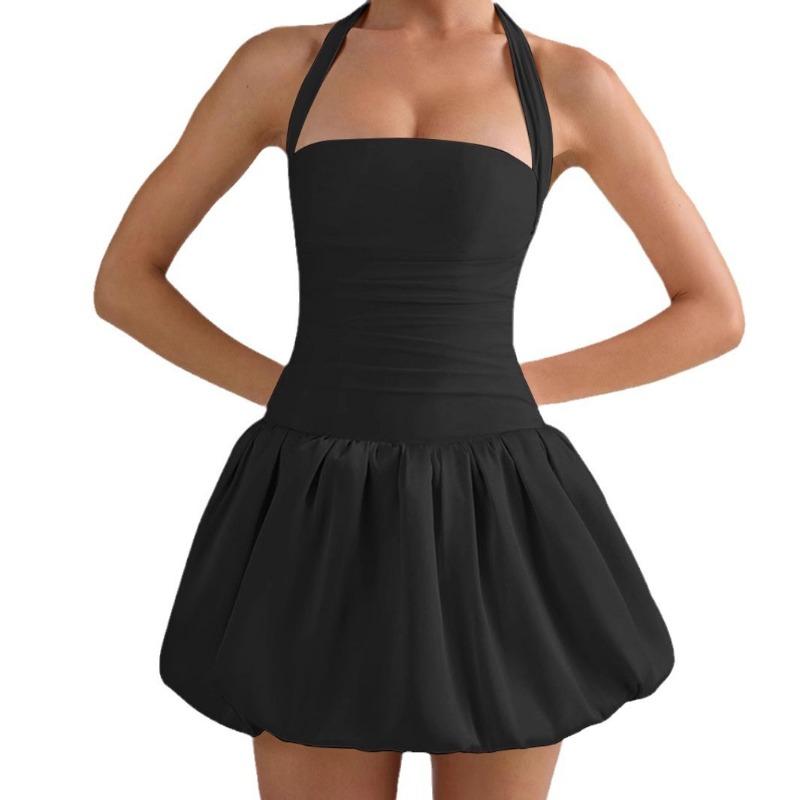 Women's Summer Pleated Backless Sexy Lace Up One Line Neck Princess Dress