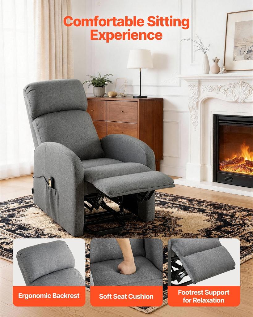 Power Lift Recliner Chair, Electric Lift Chair for Elderly, Infinite Position Adjustment, Linen Fabric, High-Resilience Foam, with Side Pockets,