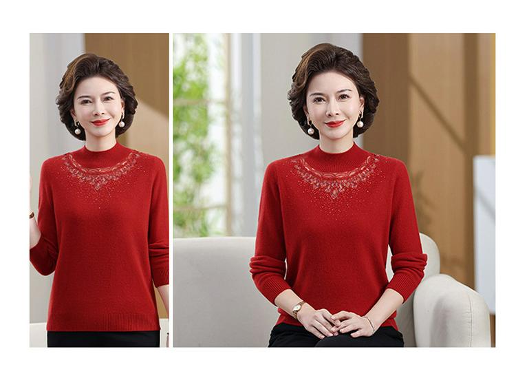 2025 New Style Mid-Neck Pure Wool Sweater with Embroidery for Middle-Aged & Elderly Women – Perfect for Autumn & Winter