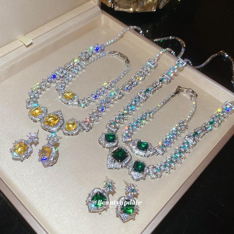 Sparkling zircon square bracelet necklace stud earrings set light luxury high-end exquisite dress banquet temperament jewelry women
