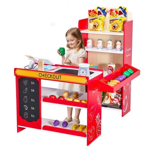 VEVOR Kids Grocery Store Playset, Wooden Play Store with Shopping Bag, Kids Supermarket Pretend Play Toy Set with Conveyor Belt, Scanner
