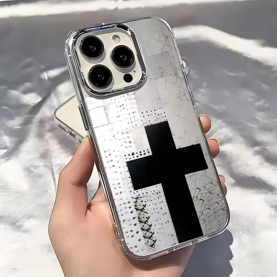 

Retro Black Cross MInimalist Phone Case for iPhone 17 AIR 16 15 14 13 12 11 PRO MAX XSMAX XR 7 8 PLUS Y2K Transparent Soft Cover iPhone17