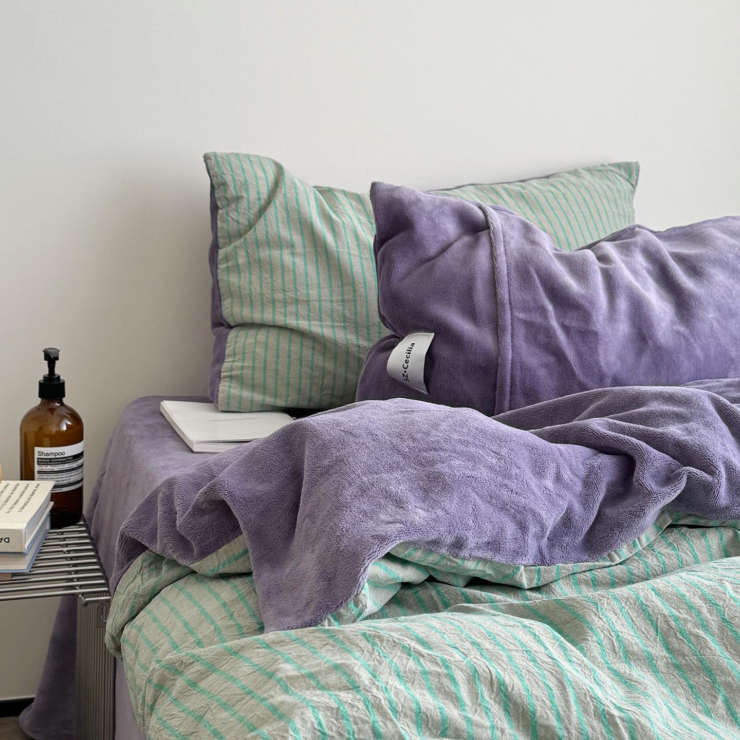 

G5Z Winter Luxury Striped Flannel 4-Piece Set: Thickened Cotton Duvet Cover & Bed Sheet 1.2m Bed 3-Piece (Duvet Cover 150*200cm)