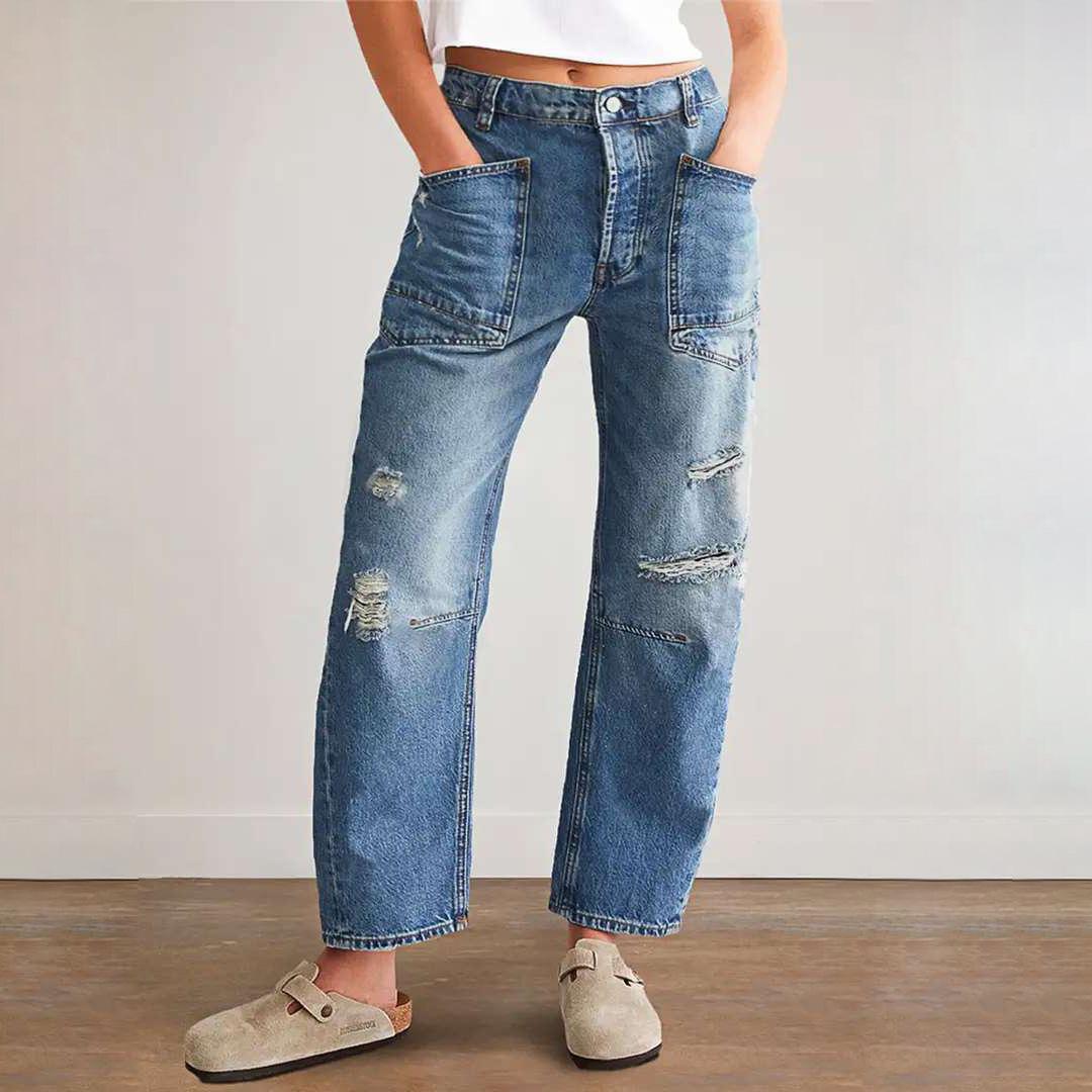 2025 Women s Retro Ripped Patchwork Jeans - Loose Straight-Leg Style XXL