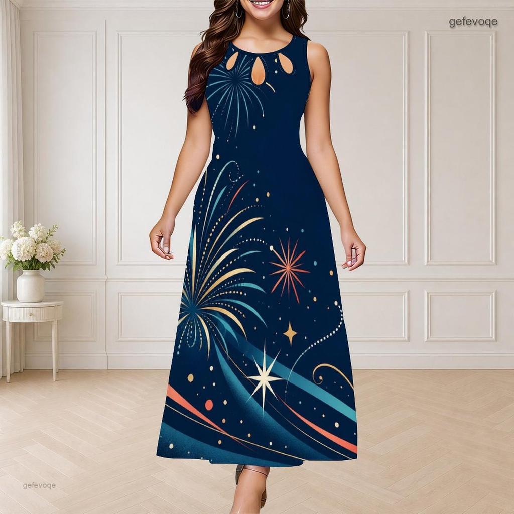 Women Plus Size Round Neck Triple Keyhole Cutout Sleeveless Firework Printed Navy Maxi Dress