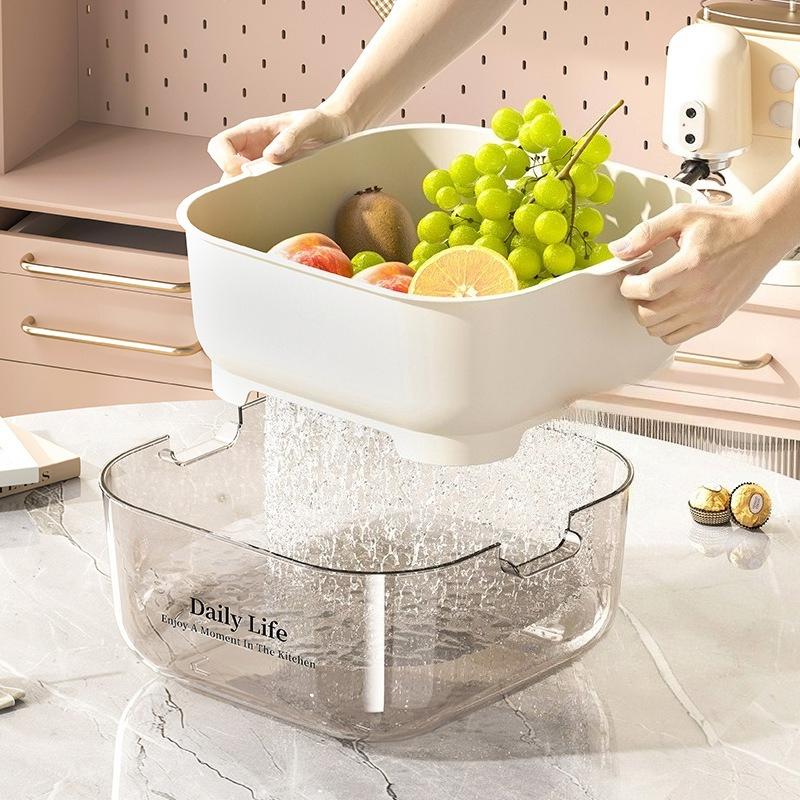 Kitchen Double-layer Drain Basket, Vegetable Washing Basin, Drain Basket, Large Capacity for Kitchen Use