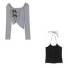 Pure Desire Irregular Grey Long Sleeve Top Tank Strap Design Women's Short Two-piece Set Slim American Spicy Girl Korean Fashion