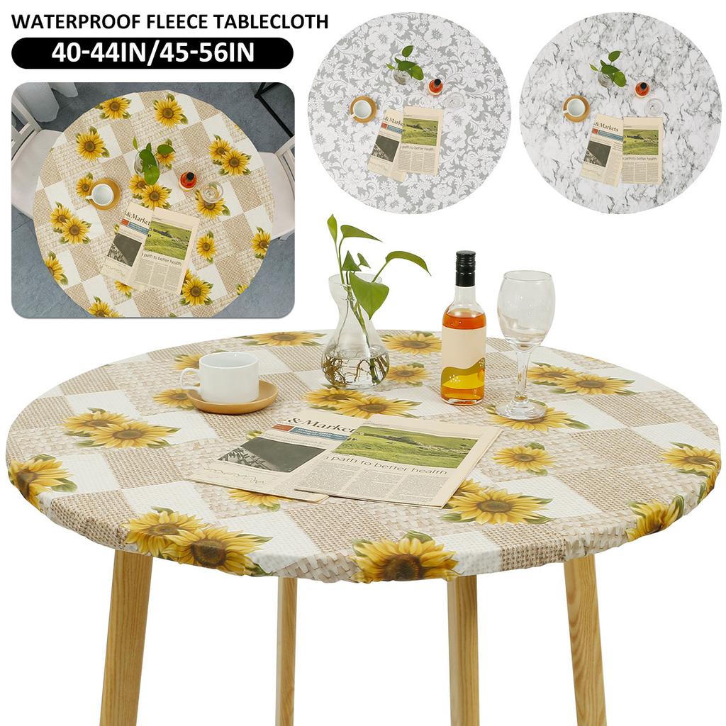Waterproof Round Tablecloth PVC Table Decoration and Accessories Flannel Backed Elastic Edged Round Table Cover for Home Kitchen