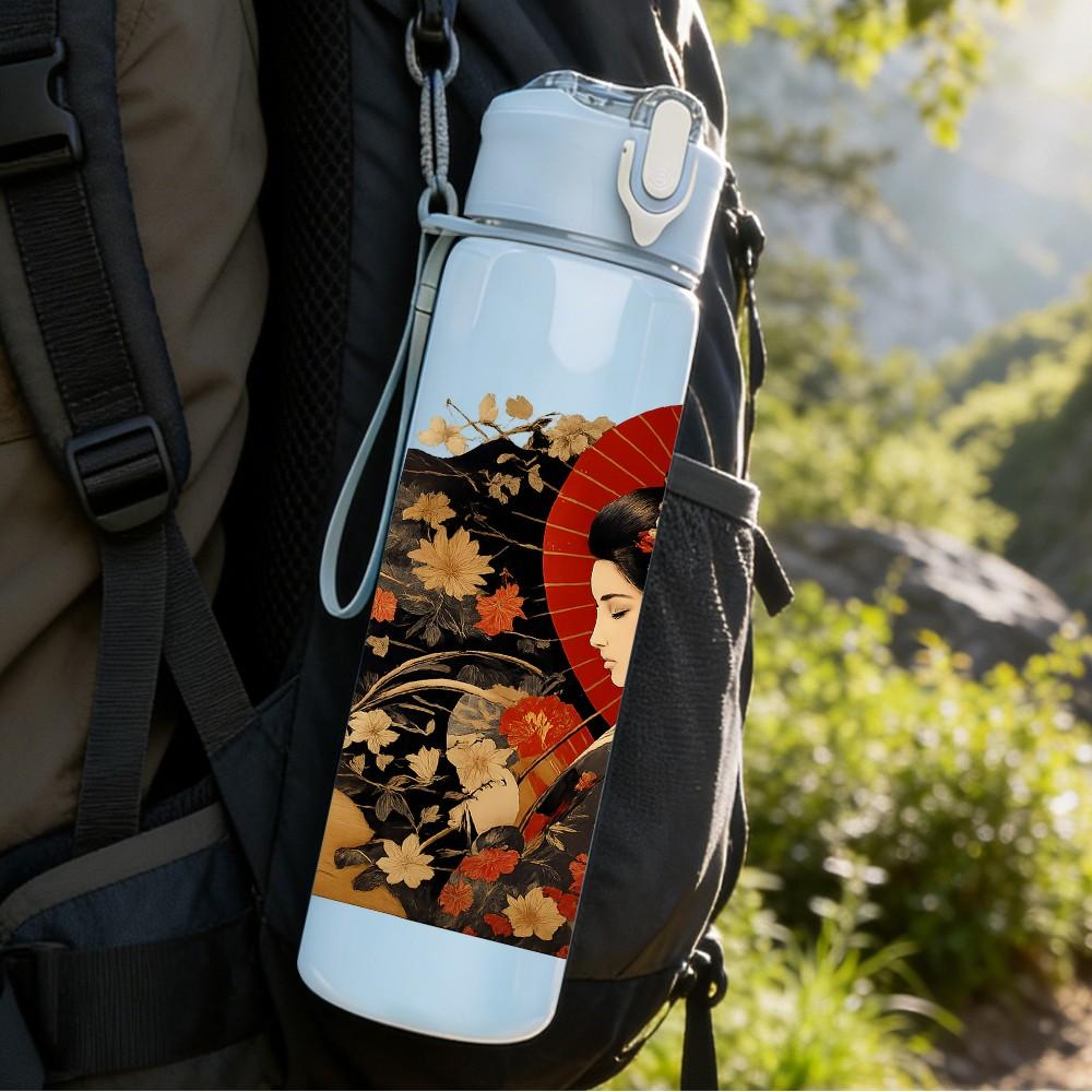 1PC Vintage East Asian Lady Art Print 750ml Color Plastic Sports Water Bottle Leakproof Flip Straw Lid Suitable for Sports Office Home Use