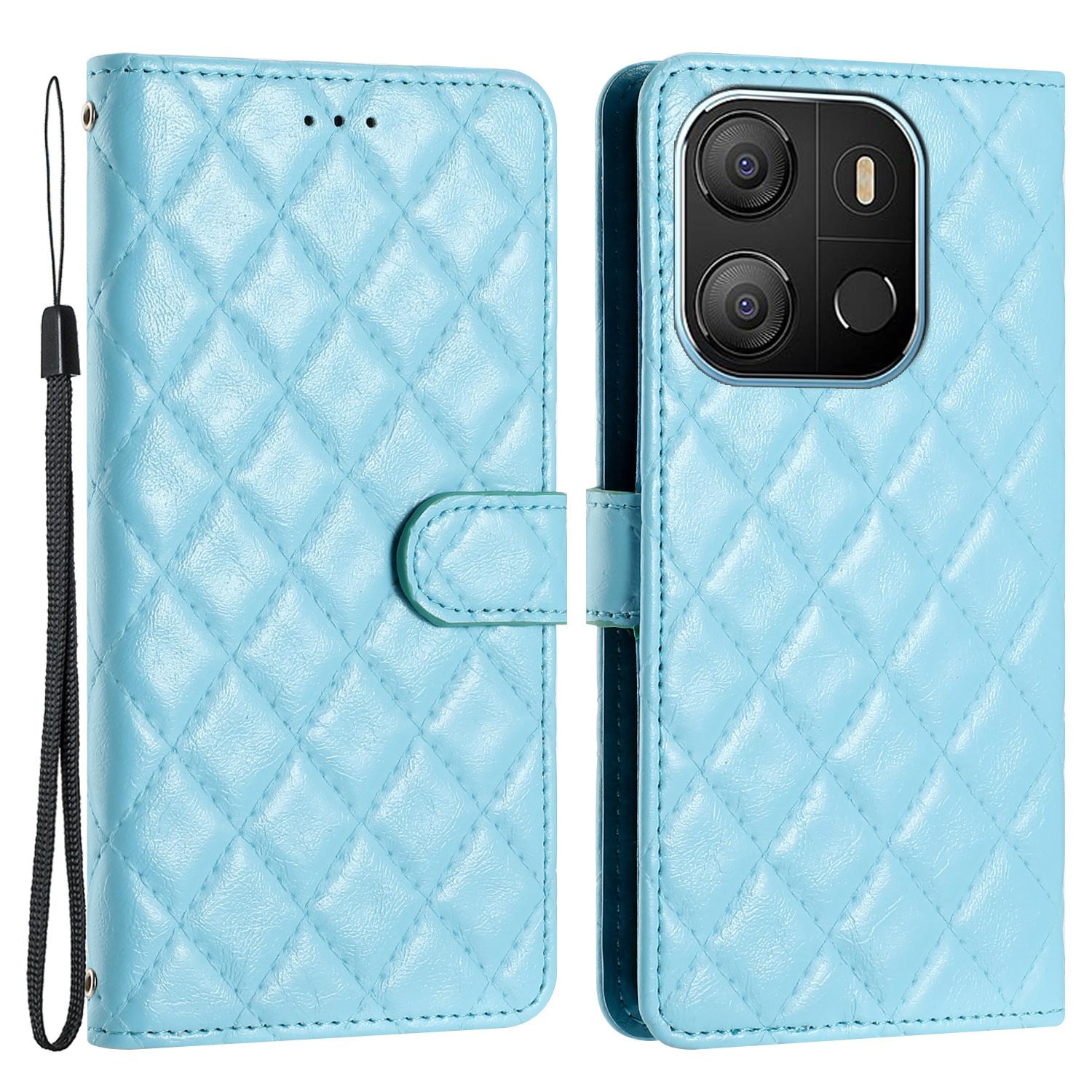 

For TECNO Pop 7 Stitching Line Rhombus Phone Case PU Leather Wallet Stand Protective Cover Sky Blue