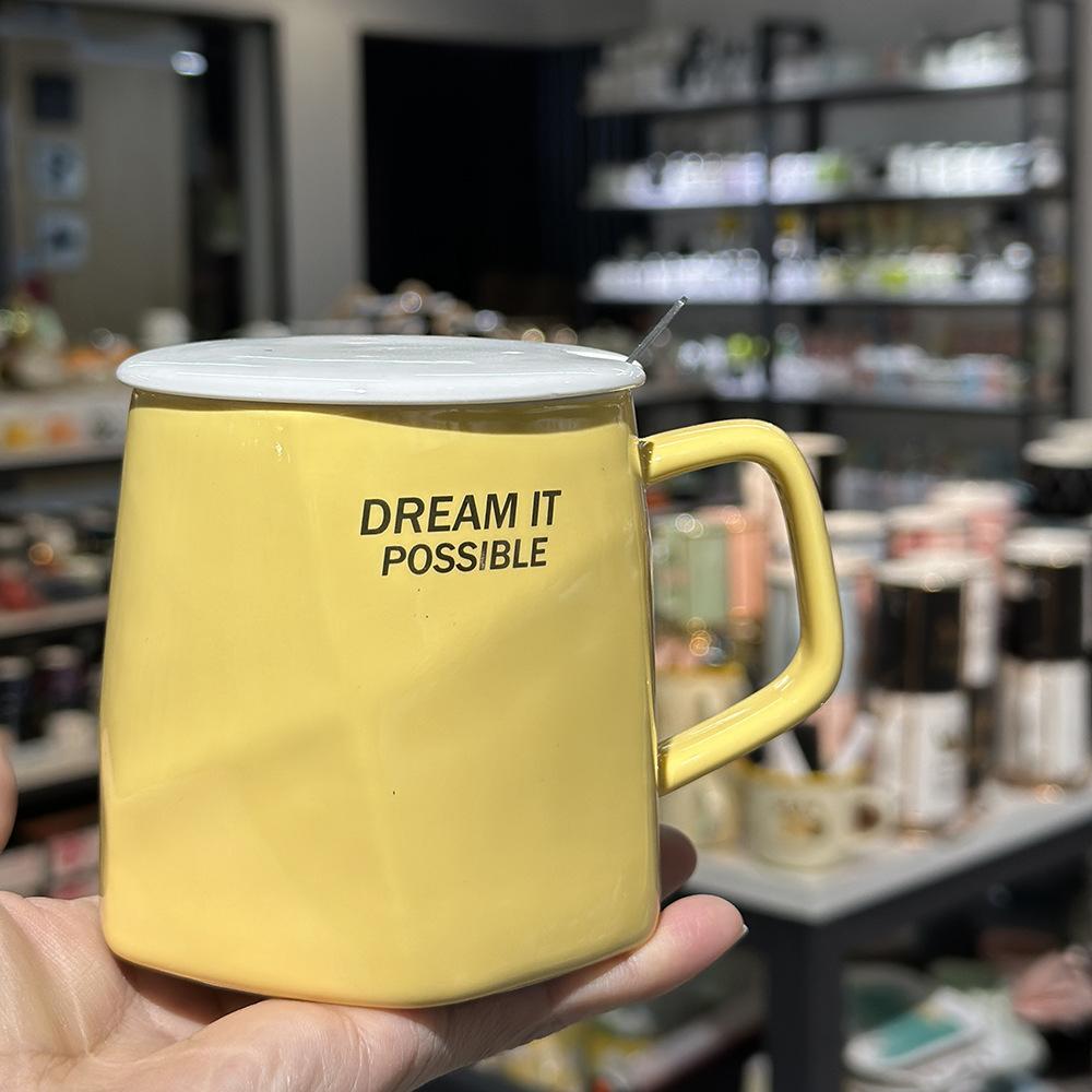 

Premium Sense Light Luxury Simple Geometric Boys Mark With Lid Spoon Cup Ceramic Water Cup Office Coffee Cup Household 301-400ml