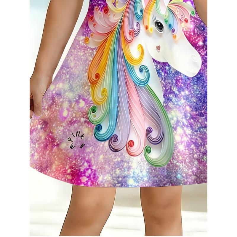 Mädchen Regenbogen Einhorn Aufdruck Glänzendes T-Shirt Kleid Lila Galaxie Lässiges Kleid Geeignet für Kinderpartys Geburtstage und Geschenke