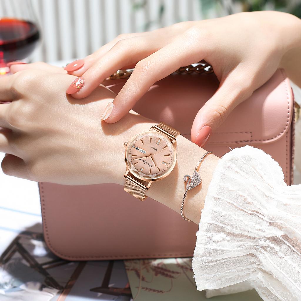 Women Watches High Quality Japan Quartz Fashion  Stainless Steel Mesh Simple Rhinestones Rose Gold Ladies Watch