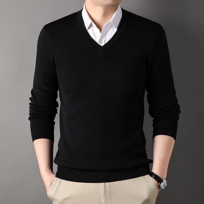 Men's V-Neck Solid Color Sweater - 100% Fine Wool, Thickened for Autumn/Winter, Long Sleeve Knitwear