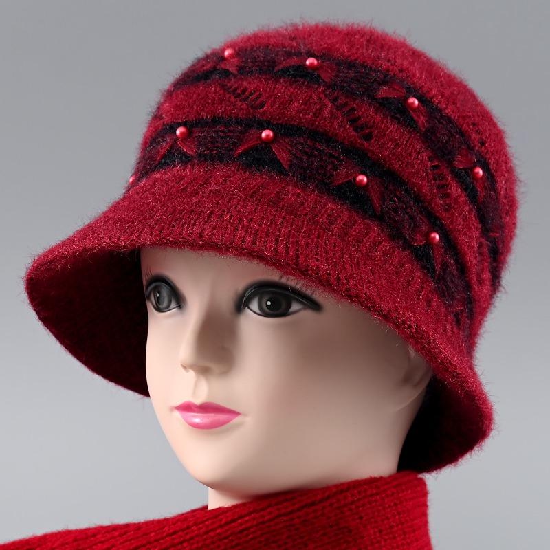 Hat Female Winter Rabbit Hair Warm Eaves Knitted Hat Windproof Plush Old Lady Wool Hat