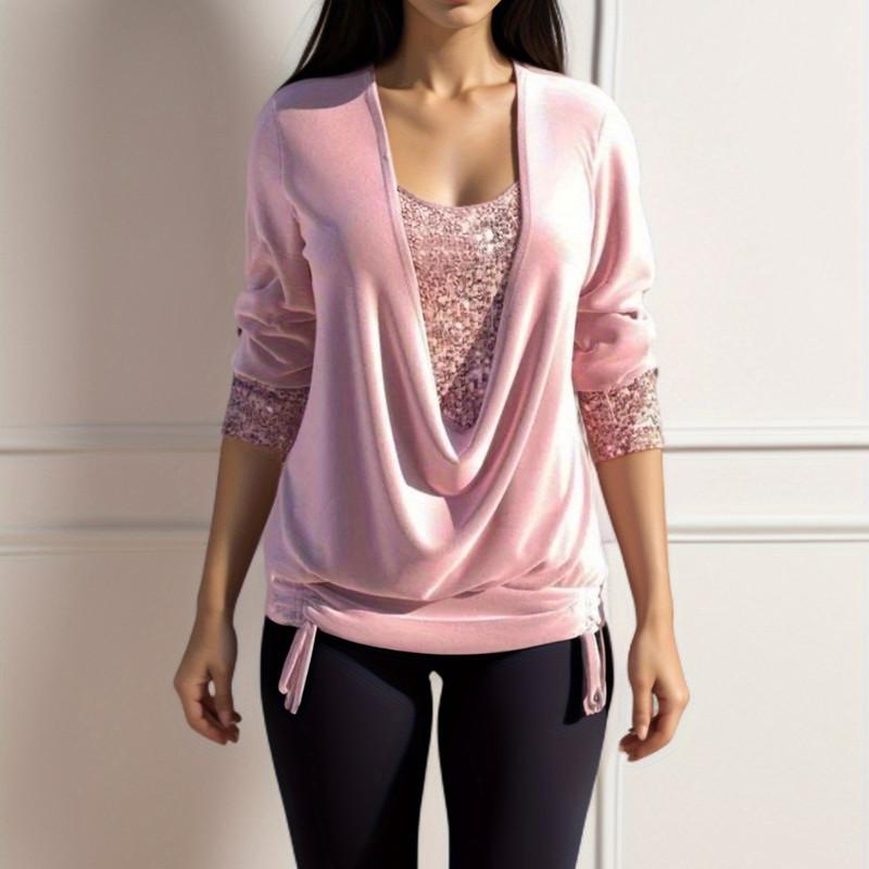 Spring and Autumn Beaded Clash Net Long Sleeve Women's Big Drop Neck Loose Drawstring False Two Piece Top