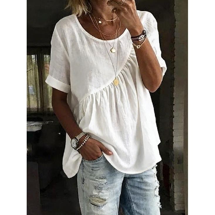 2026 New Women s Spring/Summer Solid Color Round Neck Short Sleeve Ruched T-Shirt S белый