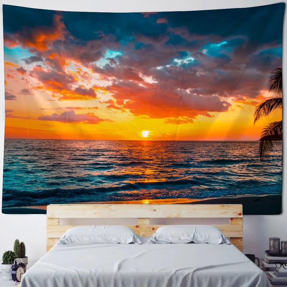 Colorful Sky Beach Sunrise Tapestry - Wall Hanging Bed Blanket Beach Picnic Mat for Home Studio Decoration