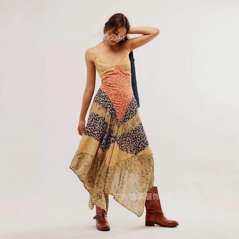 Women s Floral Print Irregular Hem Side Slit Long Dress XS жёлтый