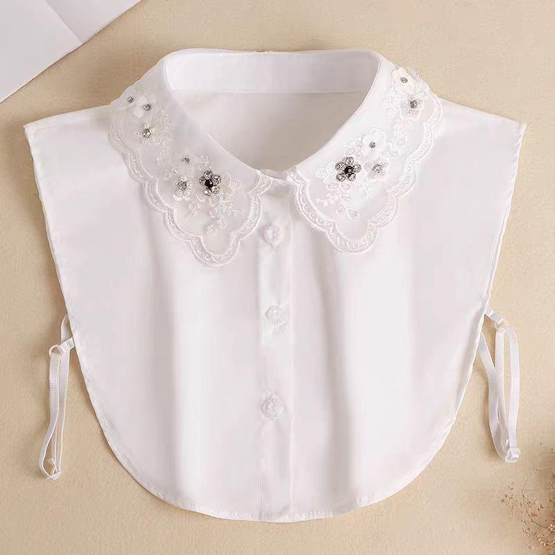 Women's Handmade Beads Floral Shirt Detachable Pointed Neck Fake Collar Neckwear Ties Half Shirt Style Cotton Fake Collar