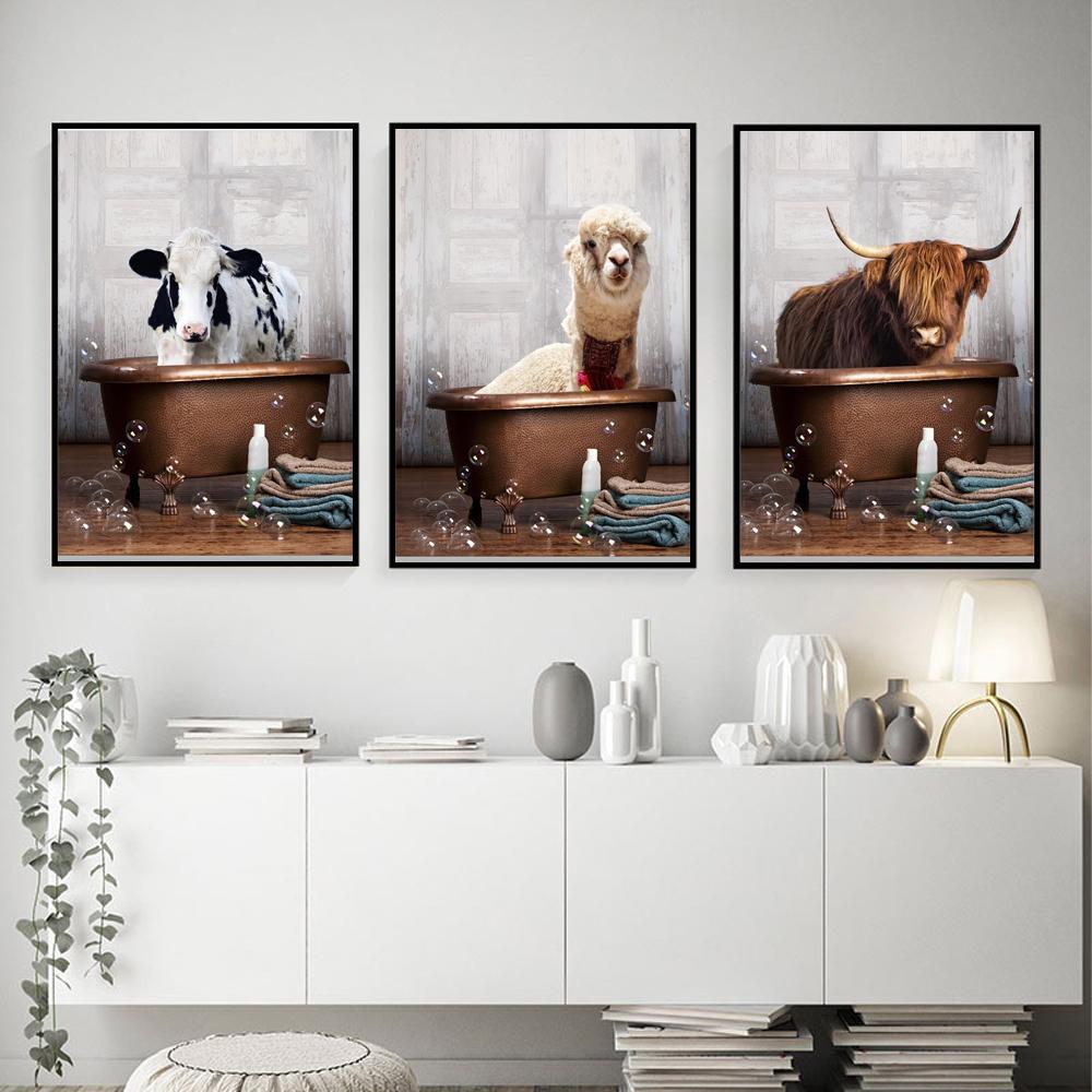 Animal Canvas Painting In Bathroom Lovely Alpaca Elephant Cow Giraffe Toilet Wall Art Poster Home Decoration Mural No Frame