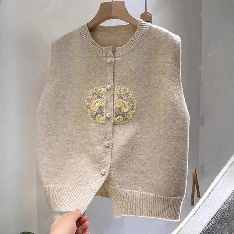 Round Neck Embroidered Chinese Style Knit Vest Women Spring Outerwear Sweater Waistcoat