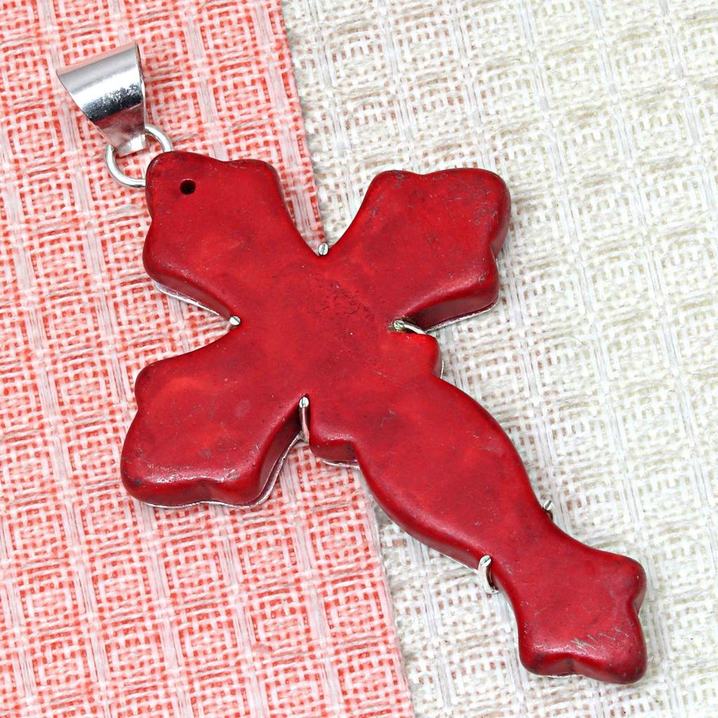 Pendant Red Coral CrosGemstone Handmade Ethnic Silver Jewelry 3.5"
