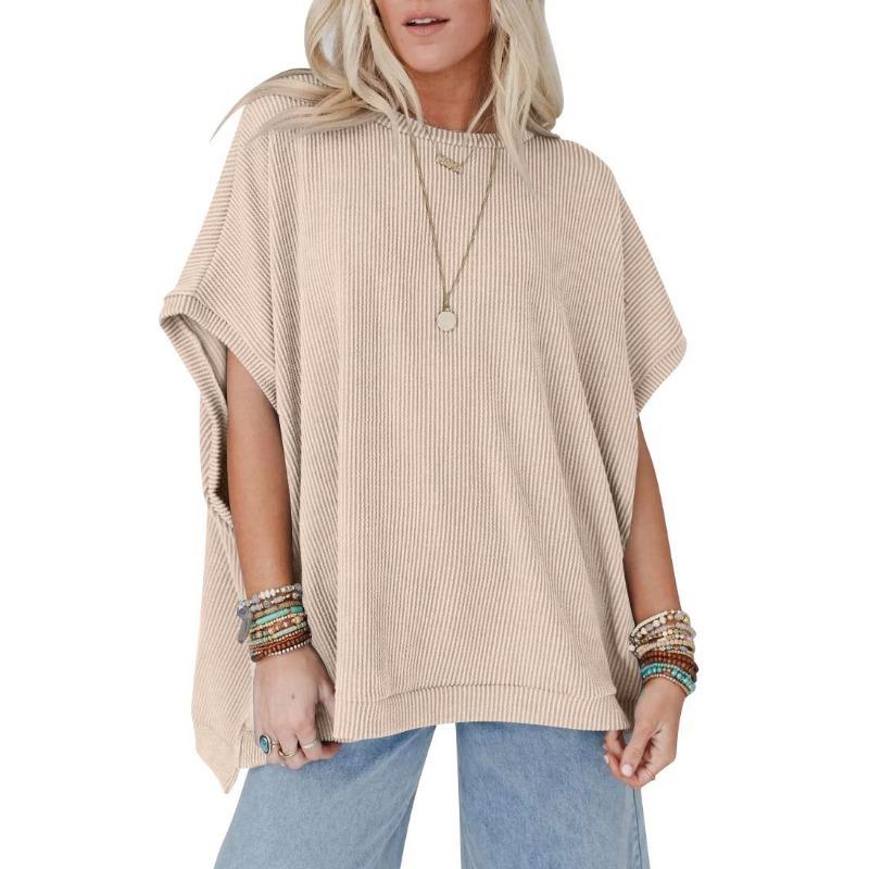 

Summer Solid Color Knitted Oversized Pullover Round Neck Bat Sleeve T-Shirt for Women L абрикосовый