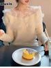 French Lace Patchwork Knit Sweater Women Spring/Autumn Delicate Slim Fit Long Sleeve Base Top Chic Commute Inner Wear