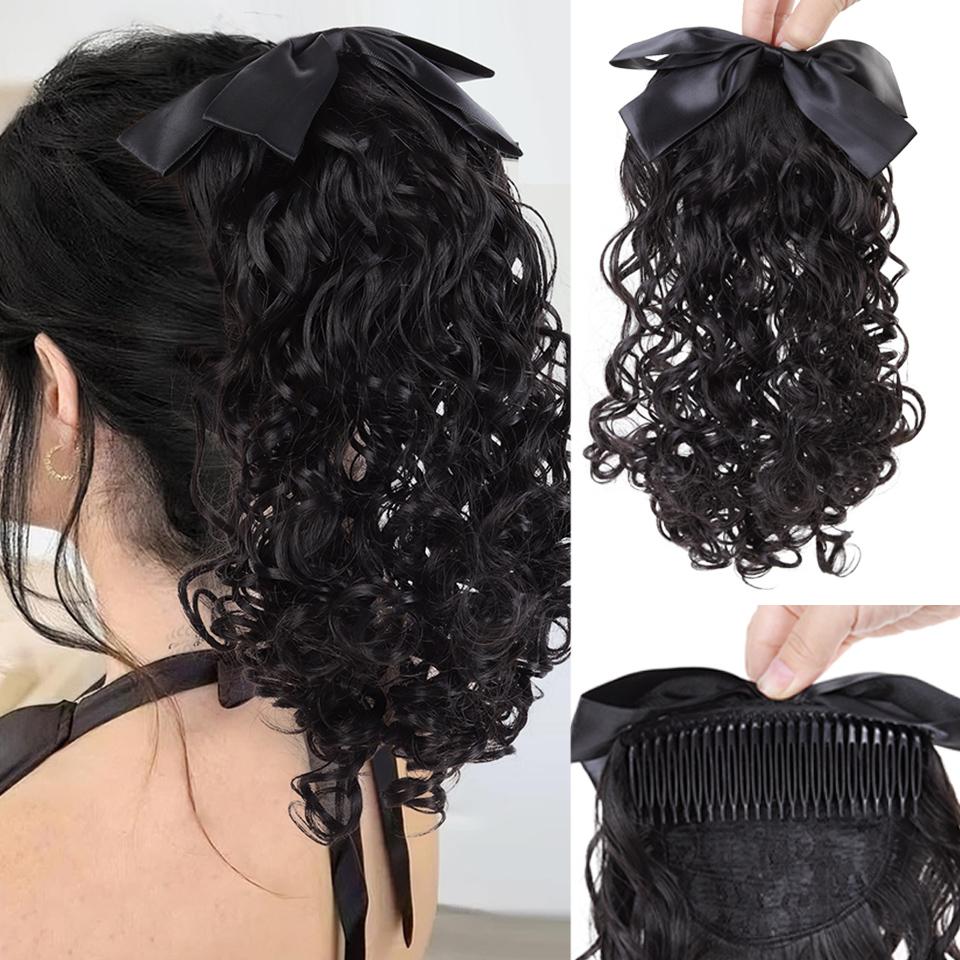 Retro Bow Comb Style Synthetic Wavy Curly Ponytail Wig Is Suitable for Novice Women To Wear At Daily Holiday Parties and Dances