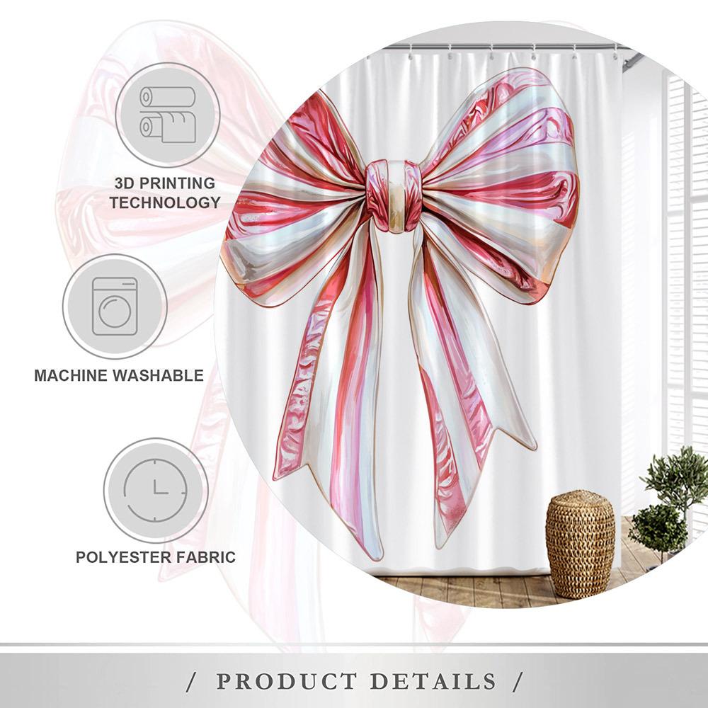 1Pc Elegant Metallic Bow Shower Curtain, Glossy White With Pink And Red Swirls, Smooth Reflective Texture, 12 Hooks, 70X70 Inche
