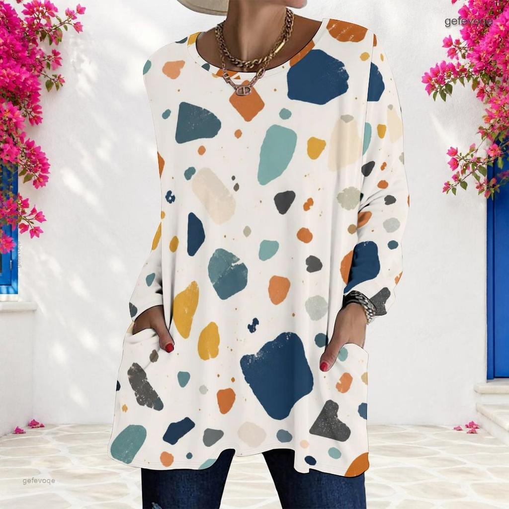 Women Plus Size Long Sleeve T Shirt Round Neck Colorful Printed Loose Longline Top With Pockets
