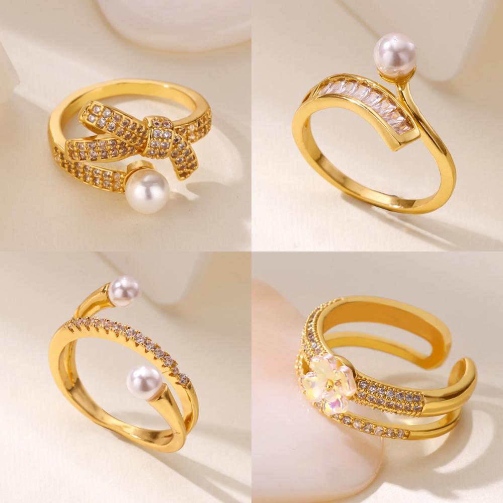 Luxury Bow Stainless Steel Rings for Women Cubic Zirconia Golden Ring Artificial Pearl Wedding Jewelry Fashion Accessories Gifts