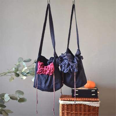 Two-color Drawstring Buckle Large Literary Handmade Embroidery Thread Cross-shoulder Casual Hand-made Women Buckets