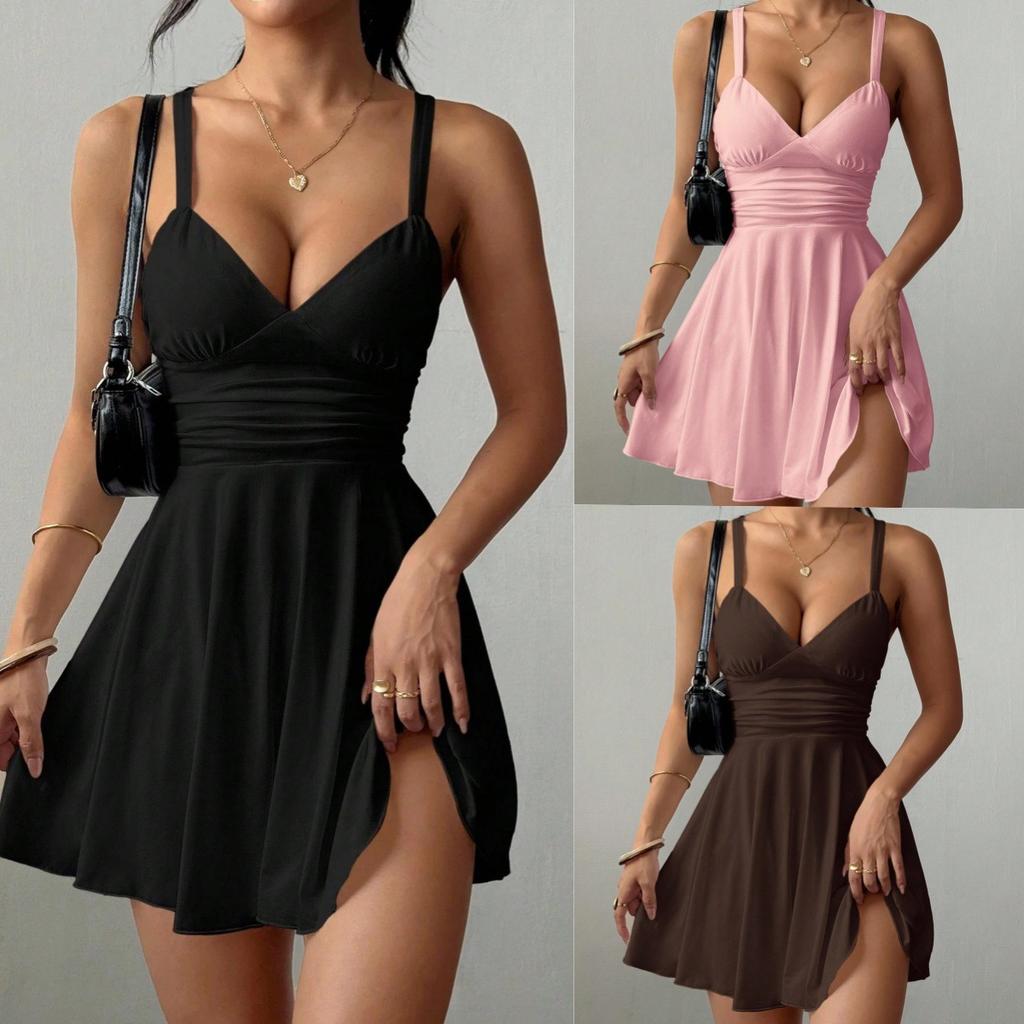 Mini Abito Sexy da Donna con Spalline Sottili Scollo a V Vita Arricciata Orlo Spaccato Linea ad A Colore Unito Estate Festa Serale Club Night Out Abito
