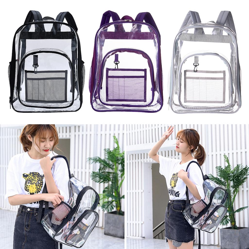 See Through Clear PVC Backpack Transparent Bookbag for Work Concert Security Travel 2 Mesh Side Pockets