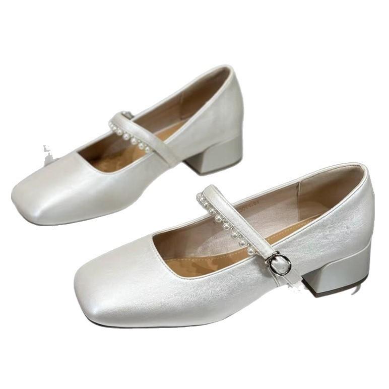 Fashion casual French pearl with flat Mary Jane shoes women's 2025 summer wear versatile thick heel single shoes