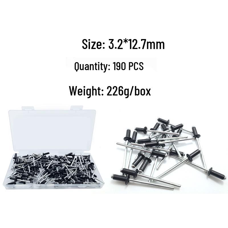 

190-Piece Black Pop Rivets Set - 3.2x12.7mm Fasteners