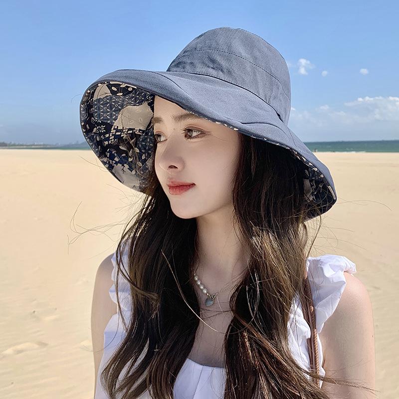 Women's Double-sided Sun Protection Bucket Hat - Summer Pure Cotton Anti-UV Wide Brim, Foldable for Travel.