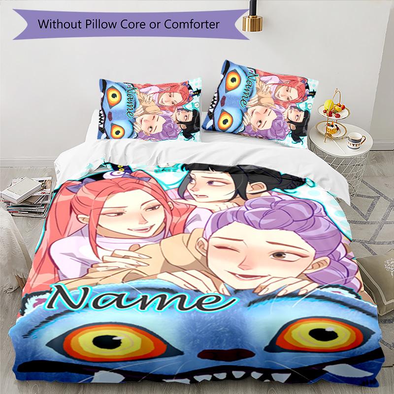 3pcs KPop Demon Hunters4 Cover Set - Personalized Name, HD Printed Bedding with 1 Cover and 2 Pillowcases - Perfect for Home Decor, Easy Care