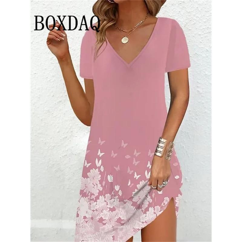 Mode Übergröße Kleid Lässig Locker V-Ausschnitt Damen Sommer Print Party Damen Neu Sommer Pullover Kurzarm Kleid