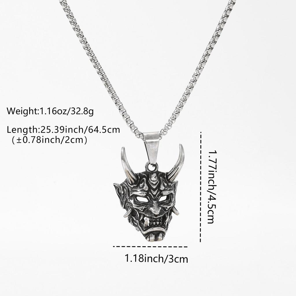 3D Sharp-Corner Oni Mask Pendant On Long Dark Subculture Versatile Bead Necklace