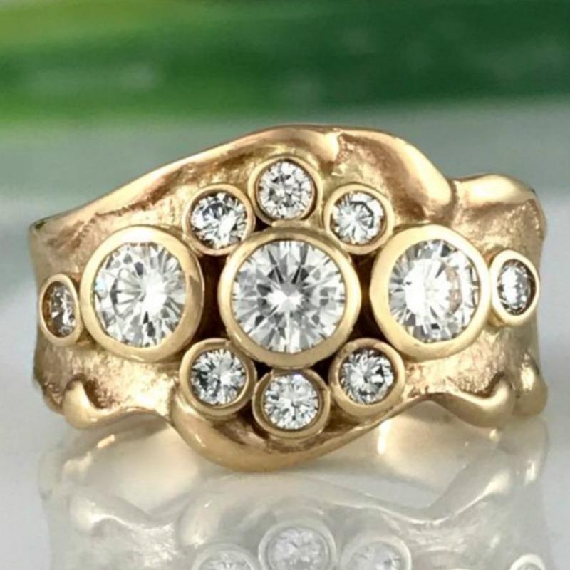Ethnic Inlaid White CZ Women's Ring Dazzling Gold Color Geometry Daily Wear Party Jewelry Anniversary Gift