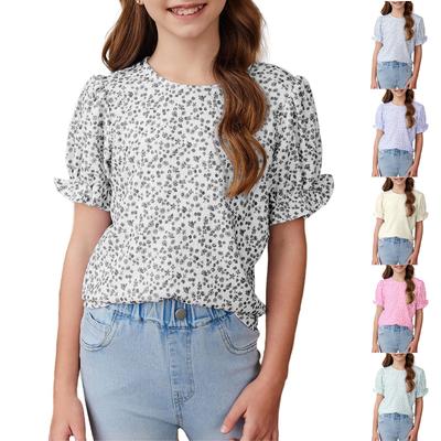 Summer Children's Bohemian Floral Puffed-sleeve Floral Loose And Versatile Round-neck Pullover T-shirt