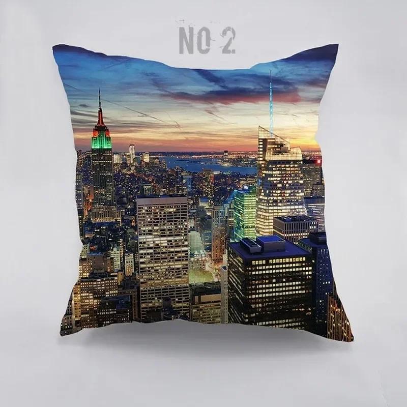 New York City View Dawn Pattern Cotton Cushion Cover For Home Car Couch Empire State Building Design Dark Night Pillw Case