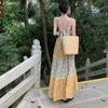 Summer New Vacation Loose Thin Suspender Long Skirt Collar Printing Layered Splicing Temperament Floral Dress Women