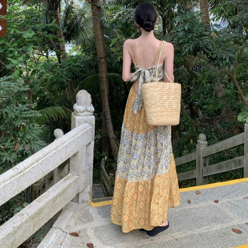 Summer New Vacation Loose Thin Suspender Long Skirt Collar Printing Layered Splicing Temperament Floral Dress Women