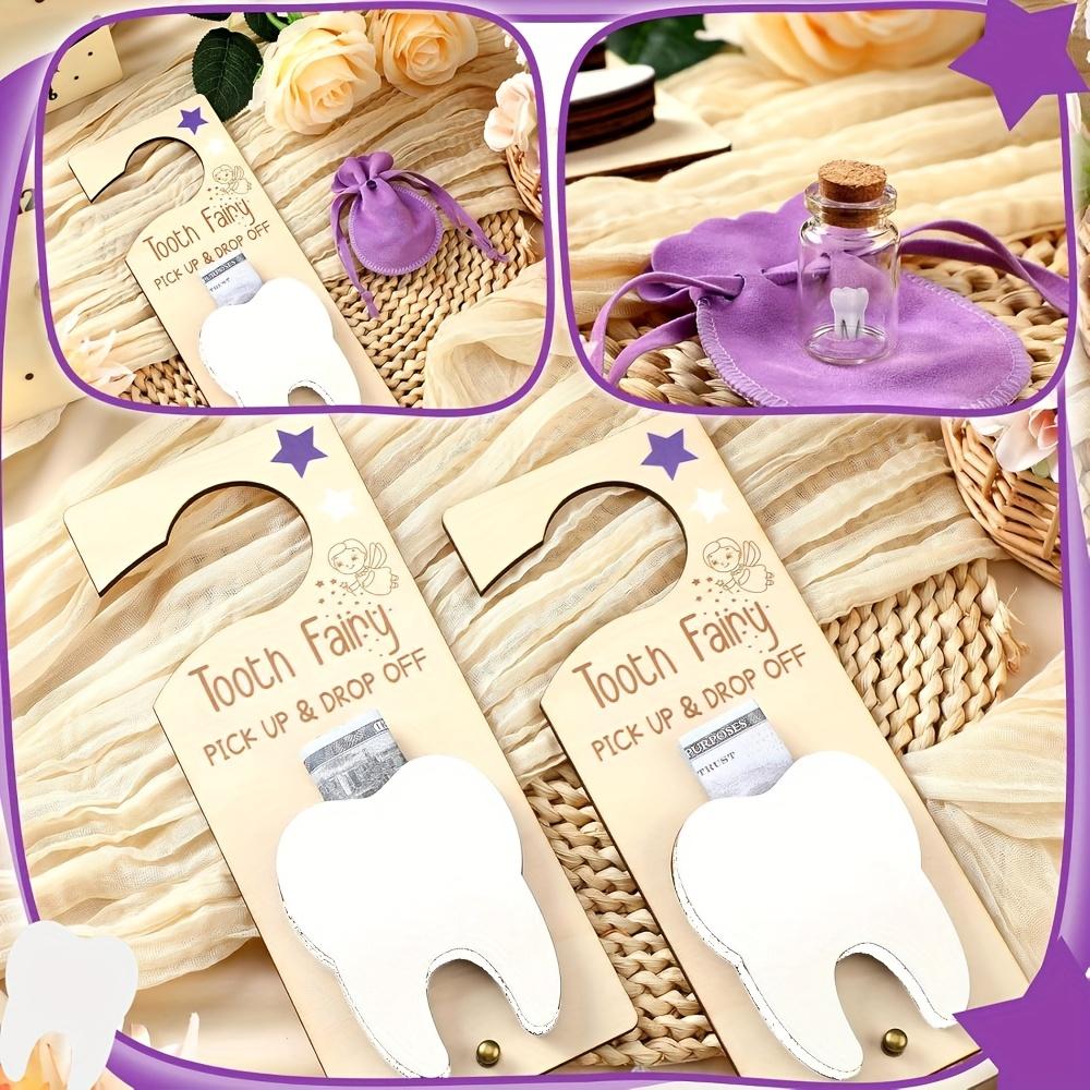 Tooth Fairy Kit Includes Wooden Tooth Pendant, Glass Bottle, Storage Bag, Suitable for Lost Teeth Period,Birthday Parties,Holiday Parties,Mother'S Day