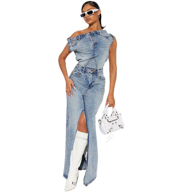 

2024 New Denim Casual Set Retro Denim Skirt Set Two-piece Set Retro Denim Skirt Sky Blue XXL